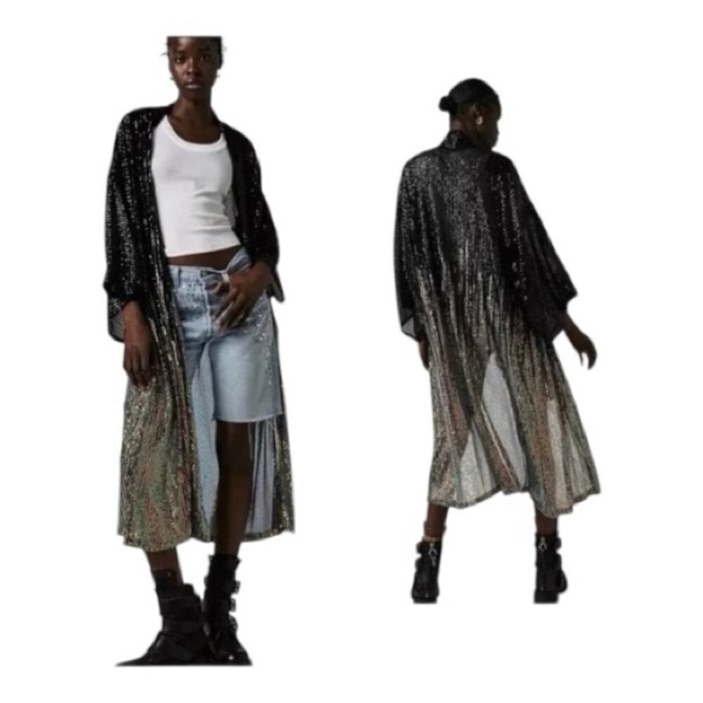FREE PEOPLE Party On Sequin Kimono Jacket Duster Black/Copper Festival